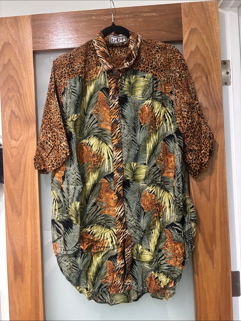 We Be Bop Tropical Palm & Leopard Print Button-Down Shirt - Green, Brown